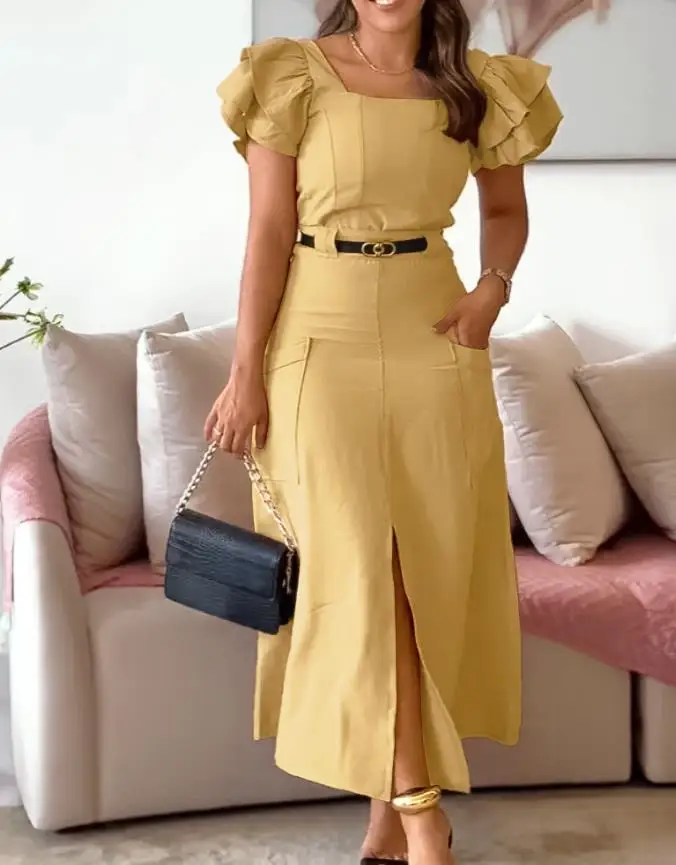 Women's Skirts Sets 2 Pieces Outfit Commuting Women Fashion Ruffles Sleeve Back Shirred Top & Casual Slit Skirt Set Without Belt
Women's Skirts Sets 2 Pieces Outfit Commuting Women Fashion Ruffles Sleeve Back Shirred Top & Casual Slit Skirt Set Without Belt