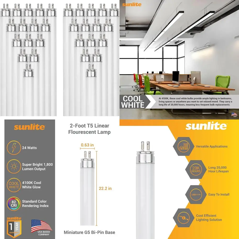 2 Foot 24W T5 Linear Fluorescent Light Bulb, 1800 Lumens, 4100K Cool White, Miniature G5 Bi-Pin Base, High Output Energy Efficie
2 Foot 24W T5 Linear Fluorescent Light Bulb, 1800 Lumens, 4100K Cool White, Miniature G5 Bi-Pin Base, High Output Energy Efficie