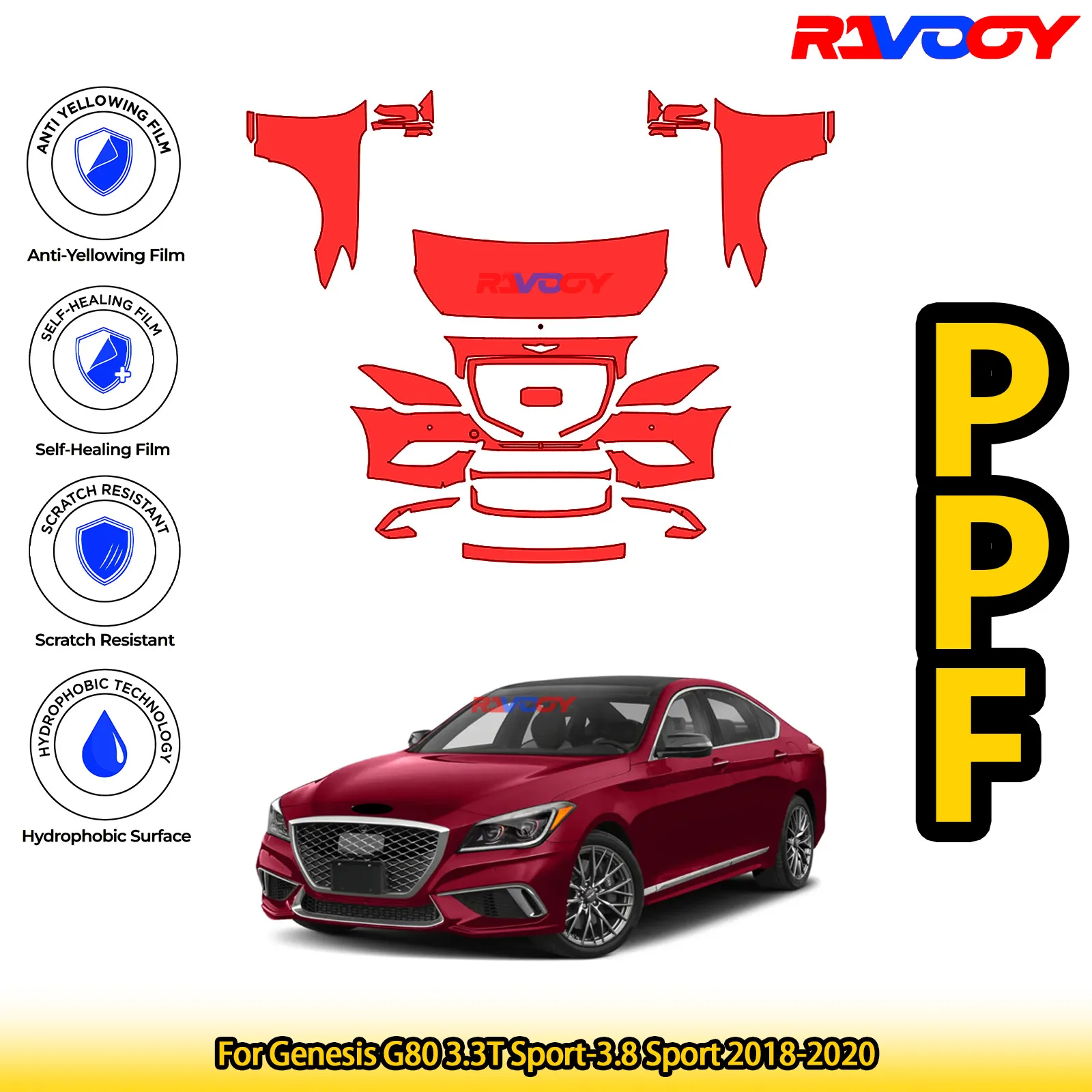 For Genesis G80 3.3T Sport-3.8 Sport 2018-2020 Glossy Matte Black Precut front PPF Kit Paint Protection Film
For Genesis G80 3.3T Sport-3.8 Sport 2018-2020 Glossy Matte Black Precut front PPF Kit Paint Protection Film