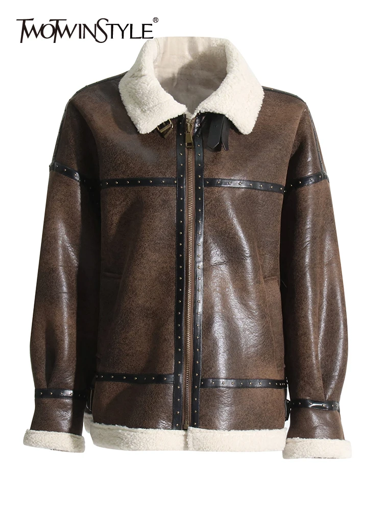 TWOTWINSTYLE Colorblock Patchwork Zipper Casual Loose Leather Coats For Women Stand Collar Long Sleeve Streetwear Coat Female
TWOTWINSTYLE Colorblock Patchwork Zipper Casual Loose Leather Coats For Women Stand Collar Long Sleeve Streetwear Coat Female