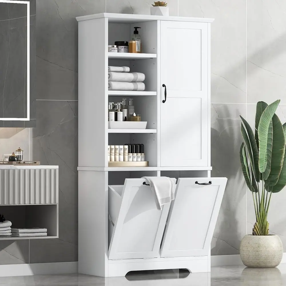 Tall Laundry Cabinet with 2 Tilt Out Laundry Hamper, Wood Bathroom Storage Cabinet with Doors and Adjustable Shelves Freestandi
Tall Laundry Cabinet with 2 Tilt Out Laundry Hamper, Wood Bathroom Storage Cabinet with Doors and Adjustable Shelves Freestandi