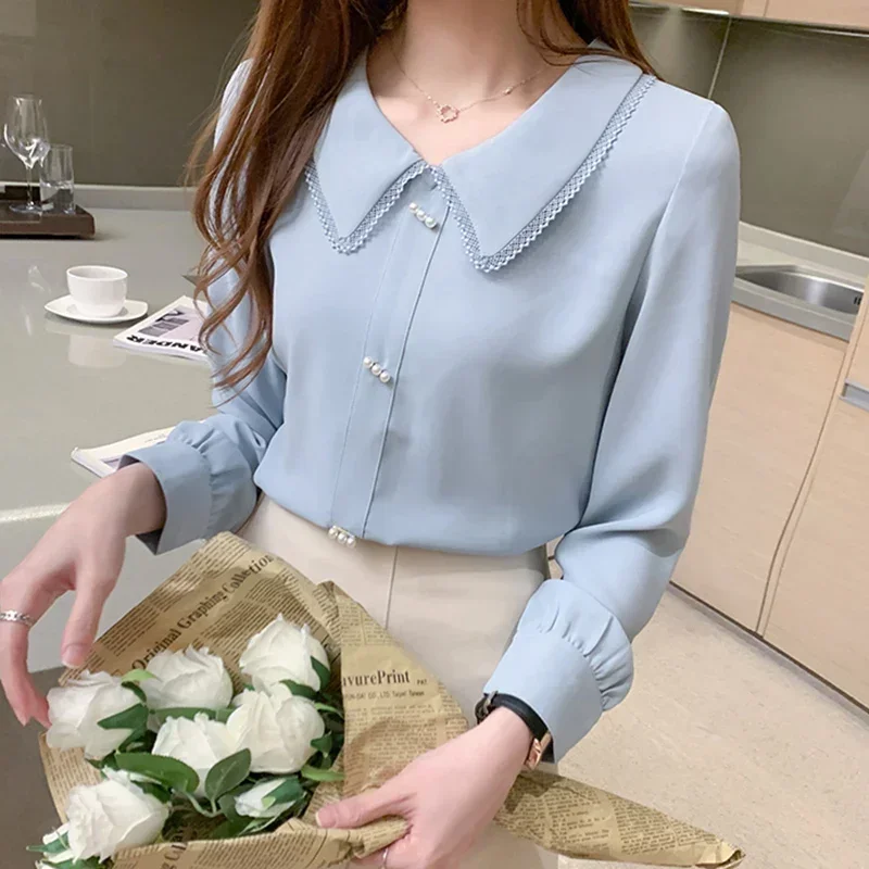 Sweet Peter-pan Collar Blouses Women Chiffon S-3XL Simple Design Ladies OL Long Sleeve Gentle Tender Ins Elegant Lovely Lady New
Sweet Peter-pan Collar Blouses Women Chiffon S-3XL Simple Design Ladies OL Long Sleeve Gentle Tender Ins Elegant Lovely Lady New