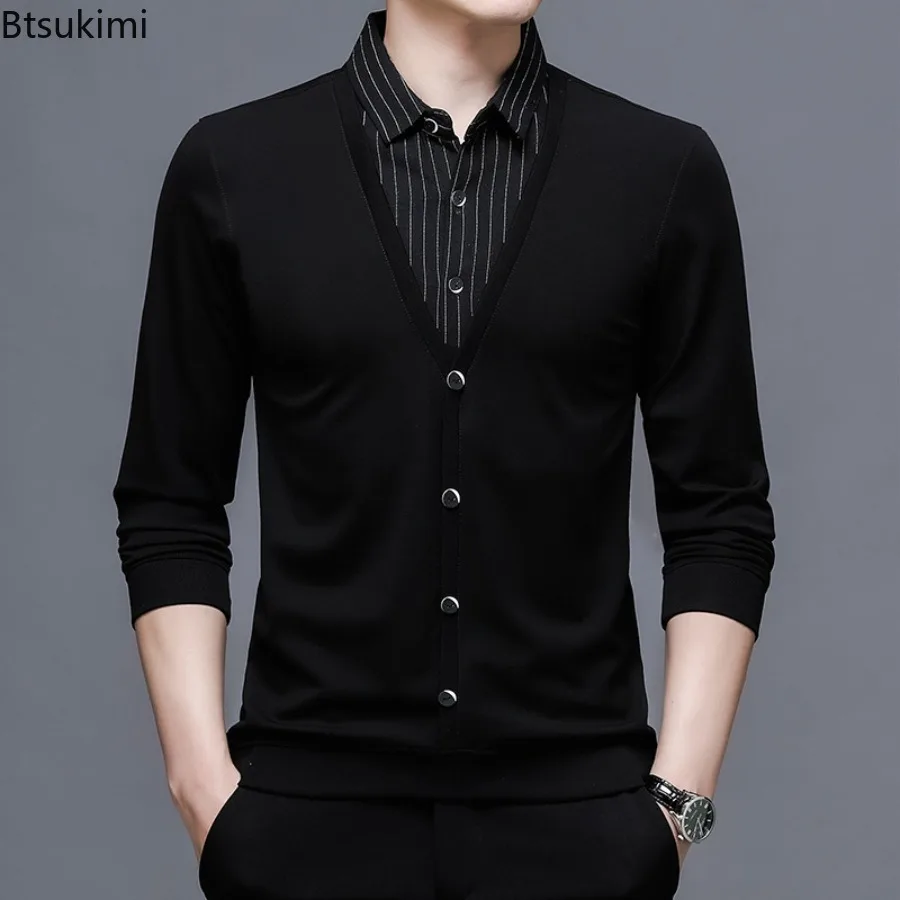 2025 Men's Autumn Fashion Patchwork Fake Two Long Sleeve Cardigan Knit Striped Turn-down Collar Oversized Sweater Coats for Men
2025 Men's Autumn Fashion Patchwork Fake Two Long Sleeve Cardigan Knit Striped Turn-down Collar Oversized Sweater Coats for Men