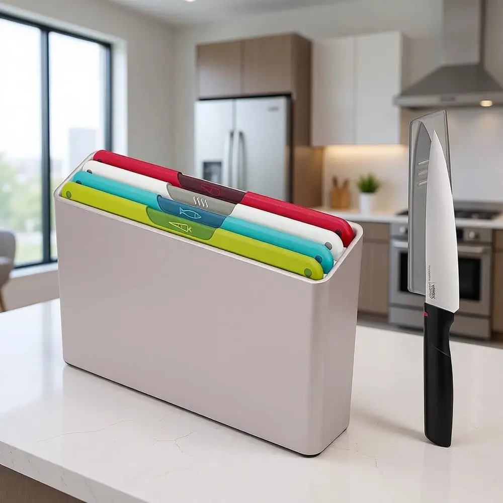 4-Piece Multi-Colored Cutting Board Set with Japanese Stainless Steel Knives for Slimline Kitchen Storage, Silver
4-Piece Multi-Colored Cutting Board Set with Japanese Stainless Steel Knives for Slimline Kitchen Storage, Silver