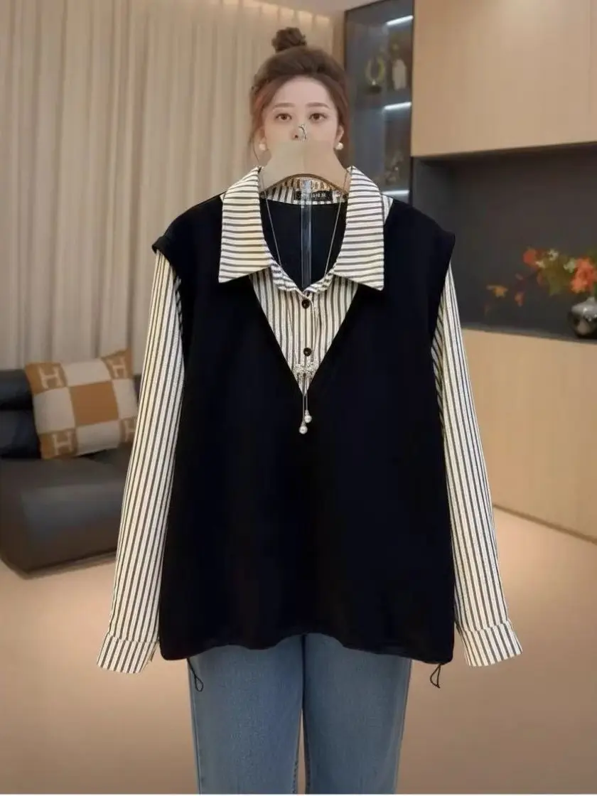 Spring Autumn Fashion Large Size Elegant Versatile Slimming Ageless Striped Shirt Stand Collar Patchwork Fake Two-Piece Blouse
Spring Autumn Fashion Large Size Elegant Versatile Slimming Ageless Striped Shirt Stand Collar Patchwork Fake Two-Piece Blouse