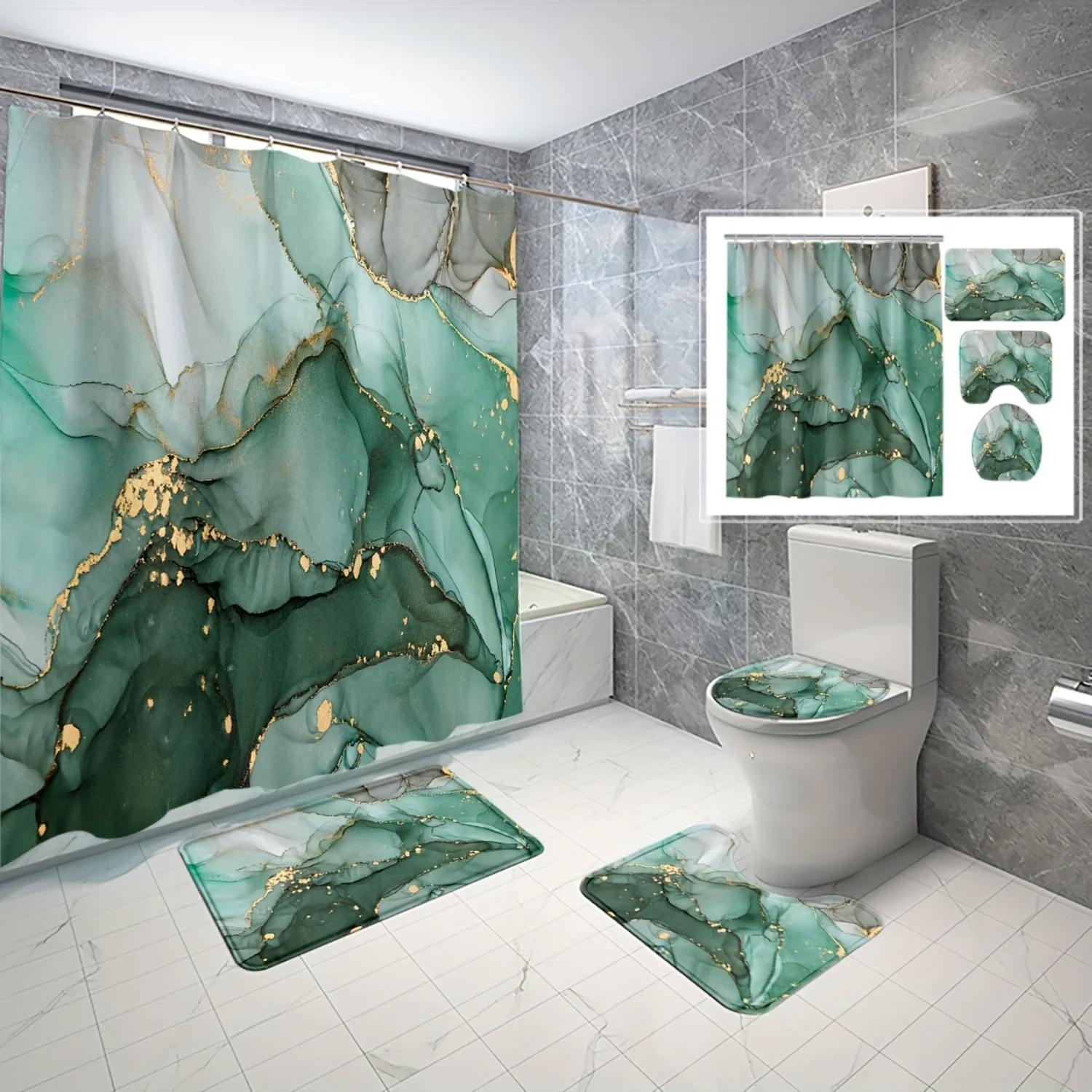 4pcs Green Marble Pattern Shower Curtain Set, Modern Decorative Bathroom Set, Bathroom Rug, U-Shape Mat, Toilet Lid Pad, Water-r
4pcs Green Marble Pattern Shower Curtain Set, Modern Decorative Bathroom Set, Bathroom Rug, U-Shape Mat, Toilet Lid Pad, Water-r