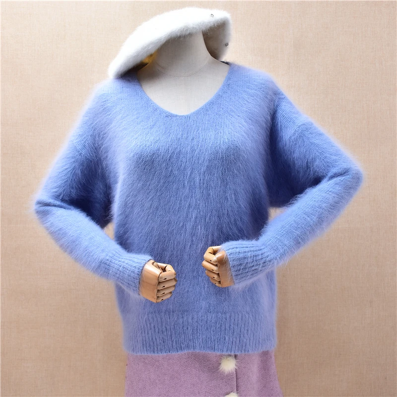 Ladies Women Autumn Winter Blue Hairy Angora Rabbit Hair Knitted V-Neck Long Sleeves Slim Blouses Pullover Sweater Pull Jumper
Ladies Women Autumn Winter Blue Hairy Angora Rabbit Hair Knitted V-Neck Long Sleeves Slim Blouses Pullover Sweater Pull Jumper