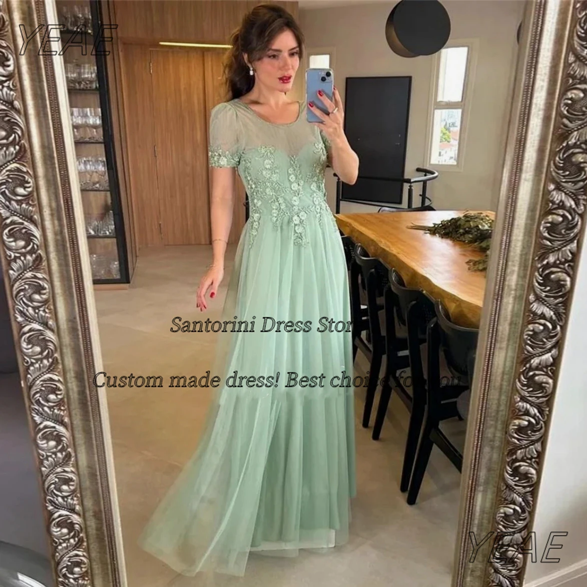 Santorini Vestidos De Gala Prom Dresses Scoop Neck Short Sleeves Wedding Party Dress with Applique Tulle Evening Gown Customized
Santorini Vestidos De Gala Prom Dresses Scoop Neck Short Sleeves Wedding Party Dress with Applique Tulle Evening Gown Customized