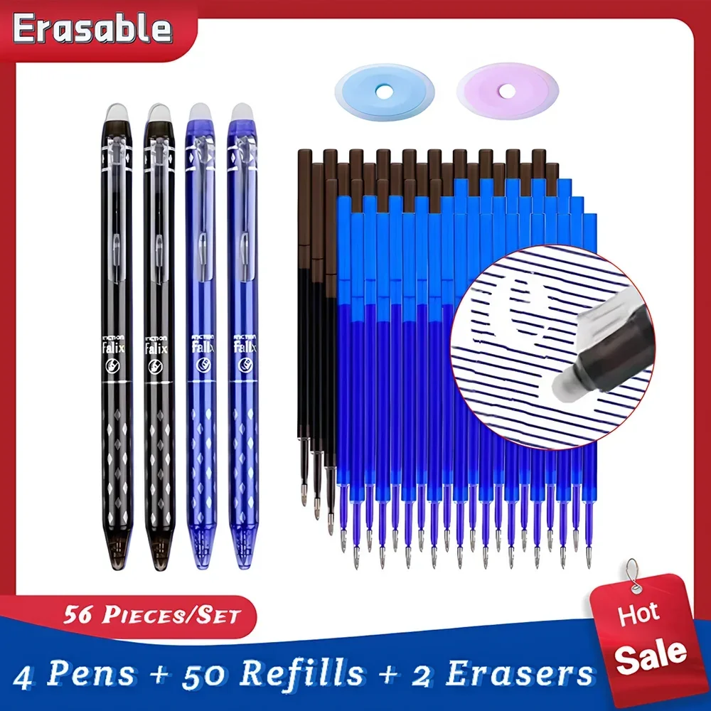 Набор из 4 выдвижных стираемых гелевых ручек с 50 стержнями, 2 ластика, 0,5 мм, тонкие чернила, черные, синие чернила, гладкие письменные школьные канцелярские товары
Набор из 4 выдвижных стираемых гелевых ручек с 50 стержнями, 2 ластика, 0,5 мм, тонкие чернила, черные, синие чернила, гладкие письменные школьные канцелярские товары