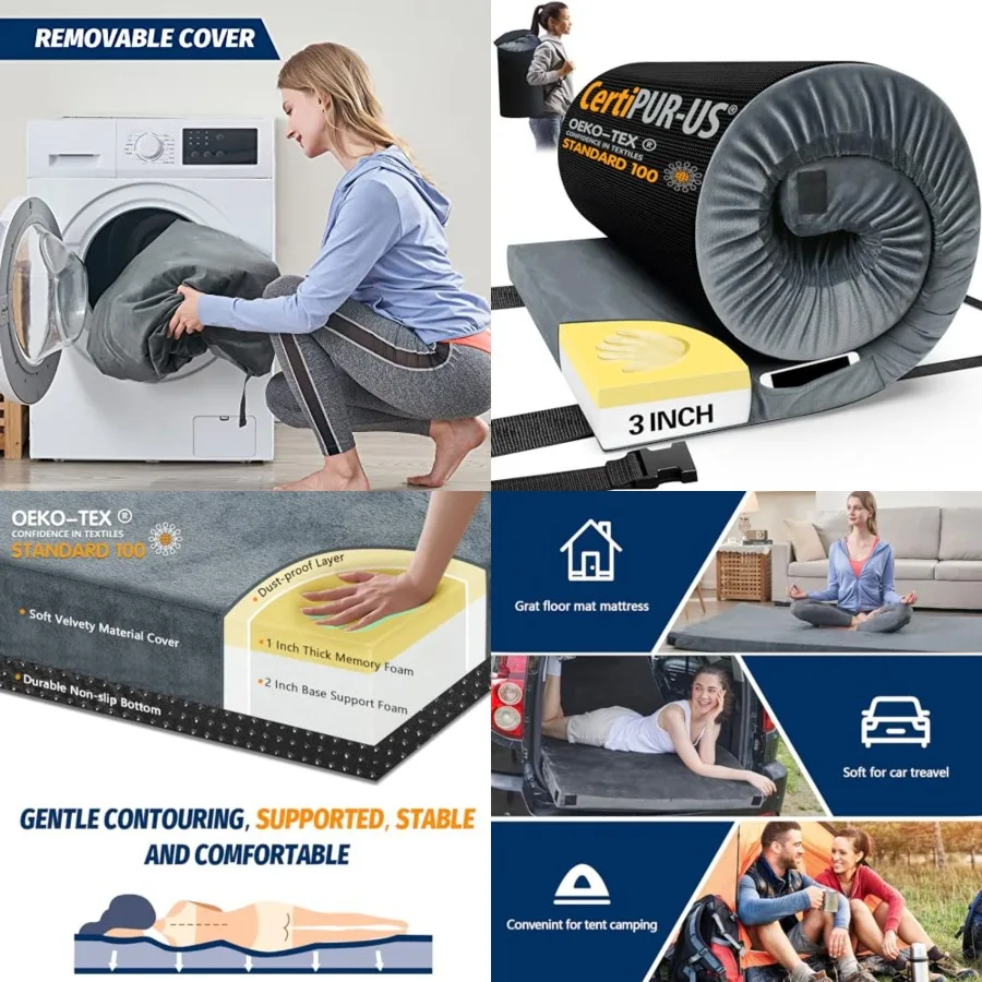 Memory Foam Camping Mattress Pad, CertiPUR-US Sleeping Mat, Portable Roll Up Mattress for Adults, Camping Bed Pads for Sleepover, Car Bed with Travel Bag
Memory Foam Camping Mattress Pad, CertiPUR-US Sleeping Mat, Portable Roll Up Mattress for Adults, Camping Bed Pads for Sleepover, Car Bed with Travel Bag