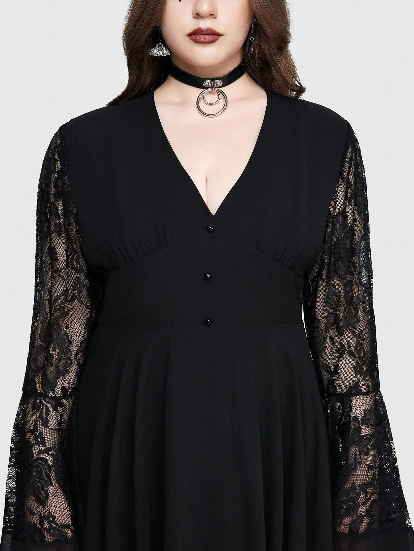 Plus Size Gothic Deep V-Neck Dress With Flared Lace Sleeves Asymmetrical Hem
Plus Size Gothic Deep V-Neck Dress With Flared Lace Sleeves Asymmetrical Hem