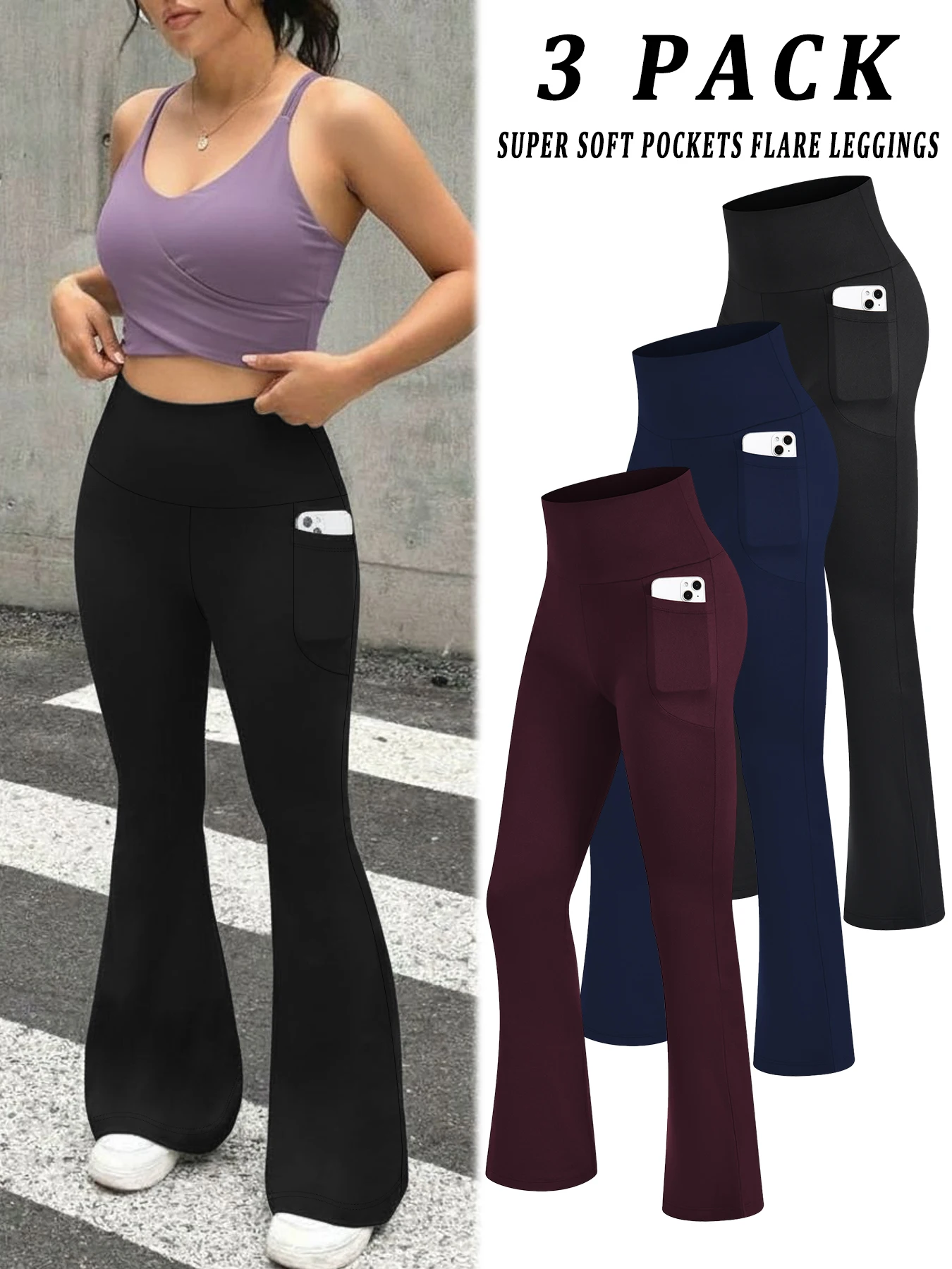 Комплект из 3 женских супермягких расклешенных брюк с карманами, с высокой талией, утягивающие живот, непрозрачные, для тренировок, йоги, бега, дома и повседневной носки
Комплект из 3 женских супермягких расклешенных брюк с карманами, с высокой талией, утягивающие живот, непрозрачные, для тренировок, йоги, бега, дома и повседневной носки