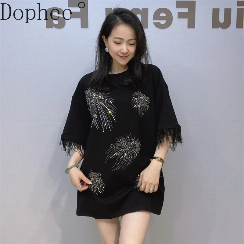 Shiny Fireworks Hot Drilling Women T-shirt Tassel Feather Half-sleeve Loose O-neck Pullover Top Spring Summer Casual Tees Pink
Shiny Fireworks Hot Drilling Women T-shirt Tassel Feather Half-sleeve Loose O-neck Pullover Top Spring Summer Casual Tees Pink