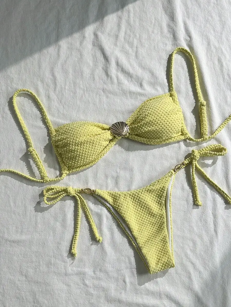 Lime Green Crochet Knit Bikini Set With Shell Center And Tie Side Bottom
Lime Green Crochet Knit Bikini Set With Shell Center And Tie Side Bottom
