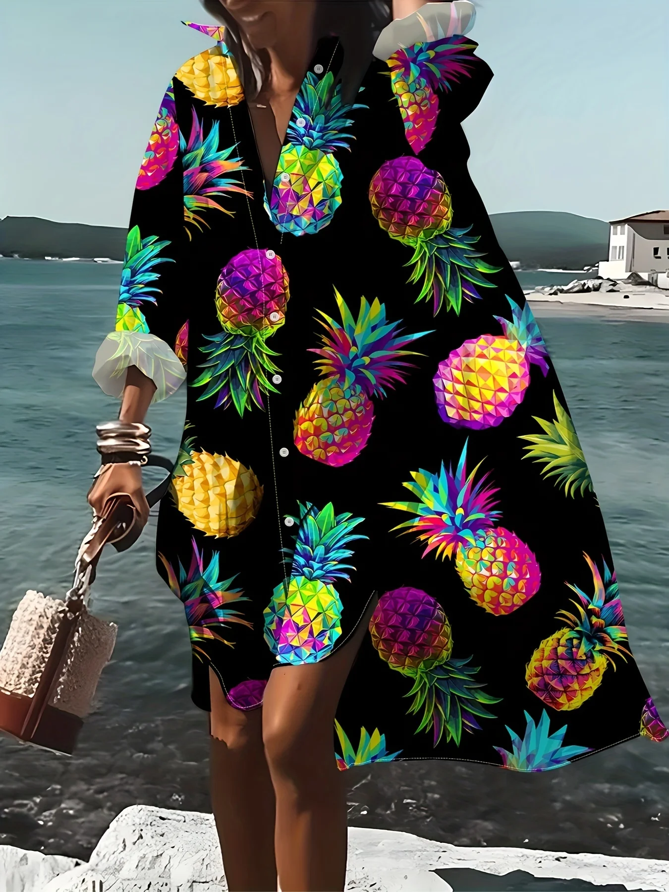 Casual Pineapple Print Shirt Dress Long Sleeve Summer Women Dress Tropical Vacation Outfit Loose Fit Fashion Dress for Women
Casual Pineapple Print Shirt Dress Long Sleeve Summer Women Dress Tropical Vacation Outfit Loose Fit Fashion Dress for Women