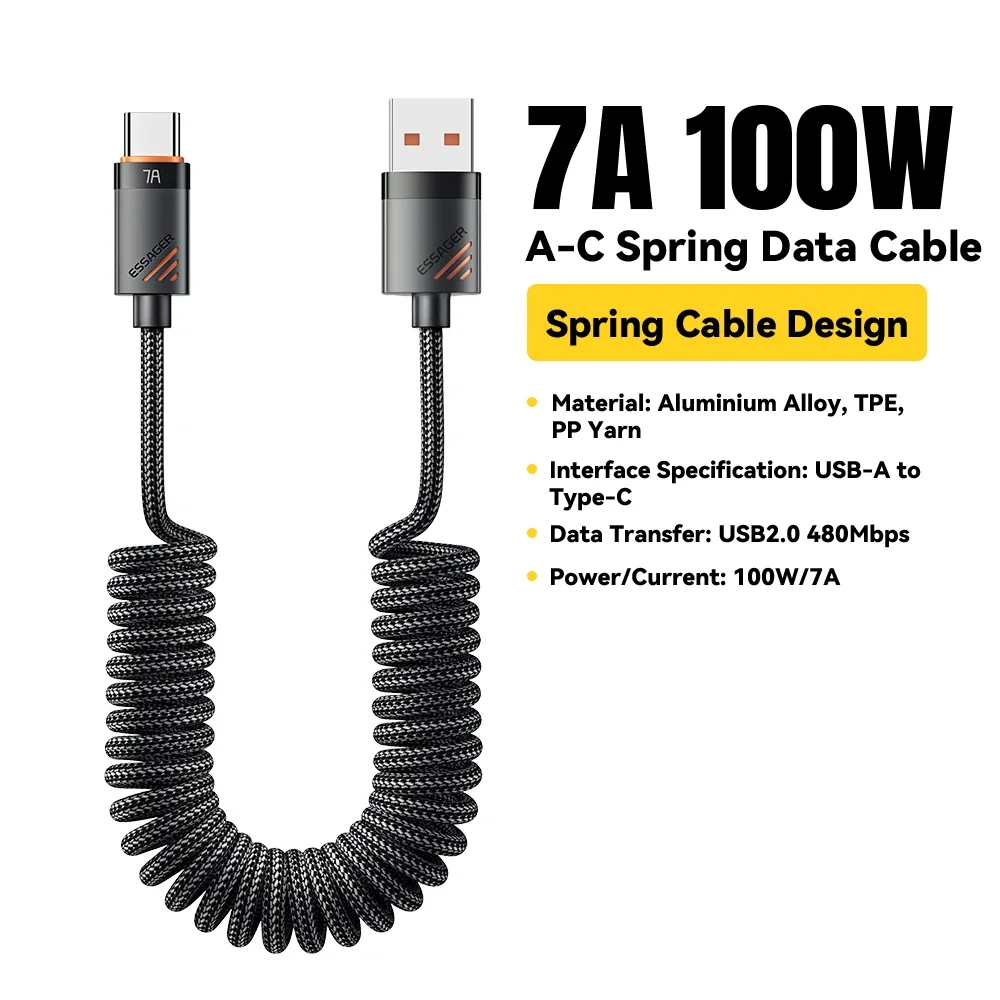 USB Type C 100W/60W Car Cable 7A Fast Charging Spring Telescopic Cable Type C to Lightning Cord Usb c to usb Coiled cable type c
USB Type C 100W/60W Car Cable 7A Fast Charging Spring Telescopic Cable Type C to Lightning Cord Usb c to usb Coiled cable type c