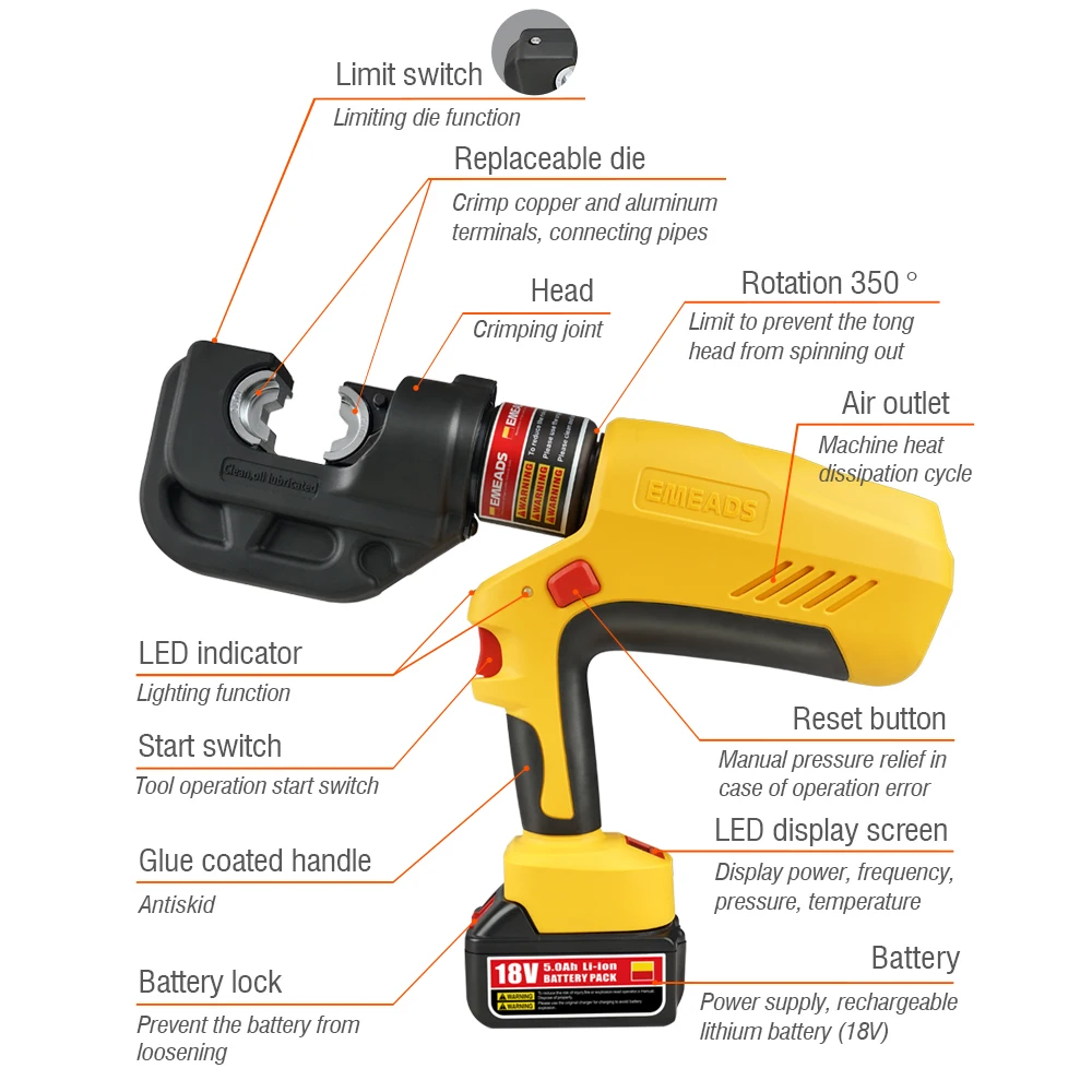 Hot Sale EBS-400-85C-1220H 3-in-1 Cordless Hydraulic Puncher Crimper & Cutter Electric Cable Tool
Hot Sale EBS-400-85C-1220H 3-in-1 Cordless Hydraulic Puncher Crimper & Cutter Electric Cable Tool