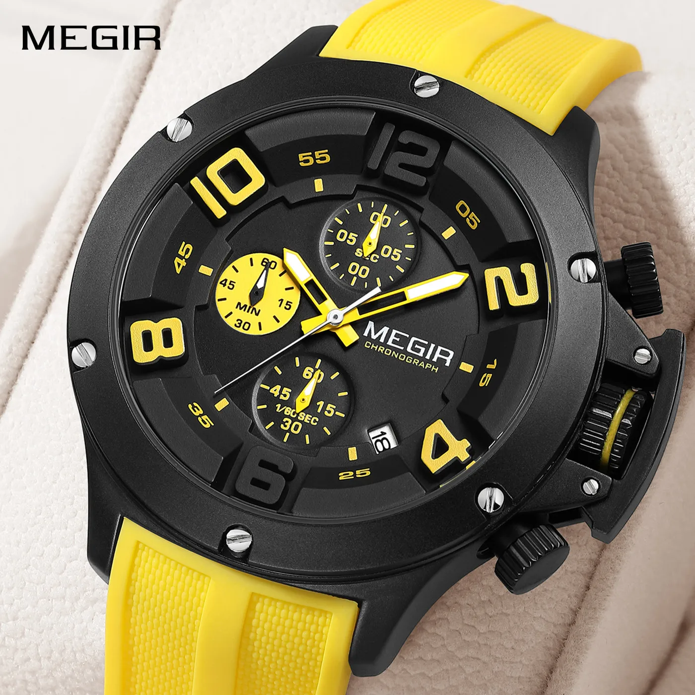 MEGIR Relogio Masculino Роскошные кварцевые часы для мужчин с желтым силиконовым ремешком в стиле милитари, спортивные наручные часы с хронографом, автоматическая дата 8115
MEGIR Relogio Masculino Роскошные кварцевые часы для мужчин с желтым силиконовым ремешком в стиле милитари, спортивные наручные часы с хронографом, автоматическая дата 8115