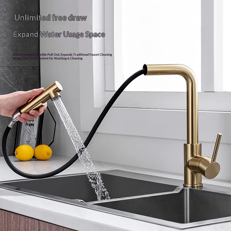 Gold Single-Handle Kitchen Faucet with Pull-Out Sprayer Ceramic Valve Rotatable Spout for Balcony & Laundry Sinks
Gold Single-Handle Kitchen Faucet with Pull-Out Sprayer Ceramic Valve Rotatable Spout for Balcony & Laundry Sinks
