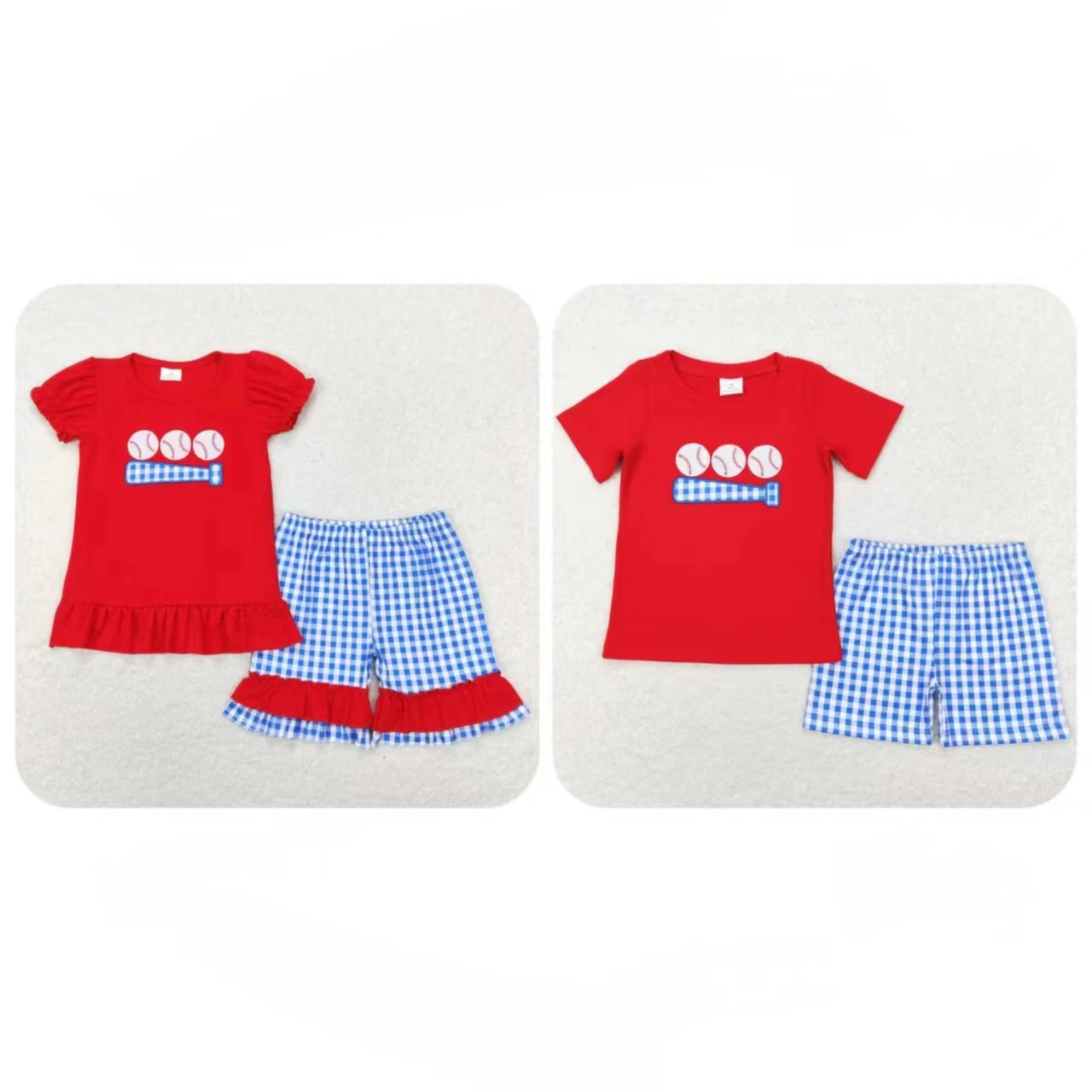Wholesale Matching Baby Boy Girl Cotton Red Baseball Cotton Ball Shirt Kids Plaid Shorts Children Outfit Embroidery Summer Set
Wholesale Matching Baby Boy Girl Cotton Red Baseball Cotton Ball Shirt Kids Plaid Shorts Children Outfit Embroidery Summer Set