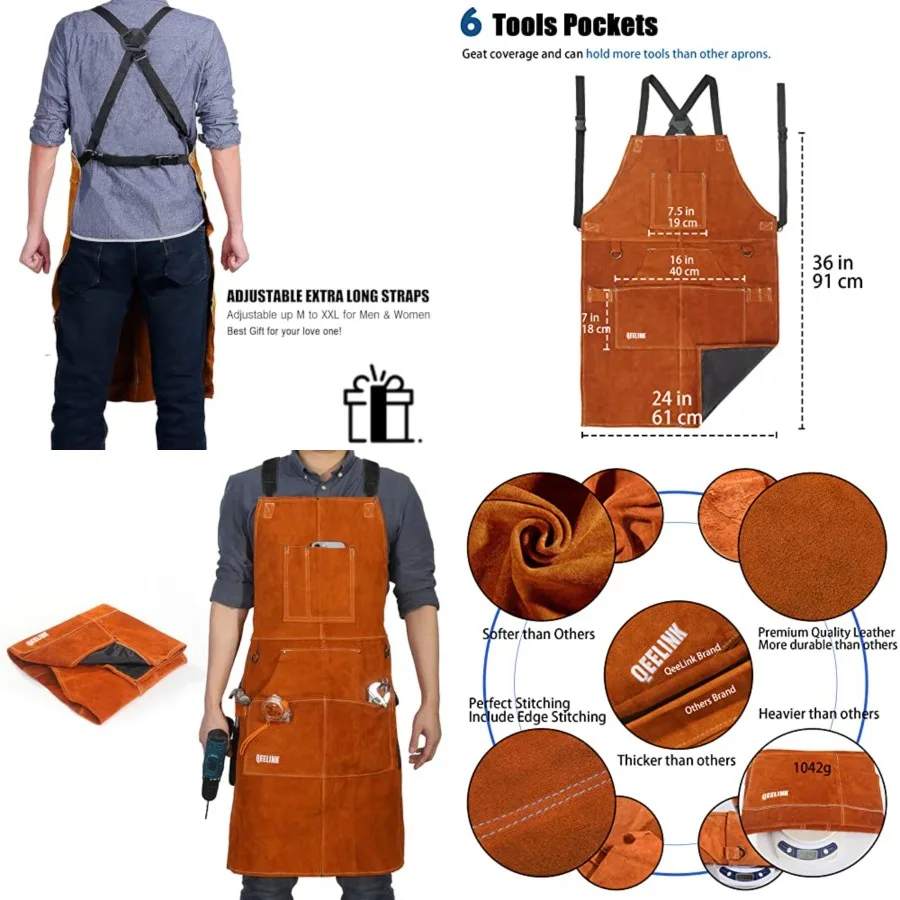 Leather Welding Work Apron with 6 Tool Pockets, Heat and Flame Resistant Welder Aprons, 24" x 36", Adjustable M to XXXL
Leather Welding Work Apron with 6 Tool Pockets, Heat and Flame Resistant Welder Aprons, 24" x 36", Adjustable M to XXXL