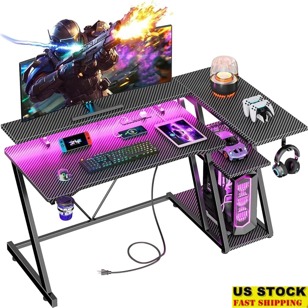 47 Inch Gaming Desk with Power Outlet LED Lights Corner Computer Desk with Storage Shelves Reversible Design Monitor Stand USB
47 Inch Gaming Desk with Power Outlet LED Lights Corner Computer Desk with Storage Shelves Reversible Design Monitor Stand USB