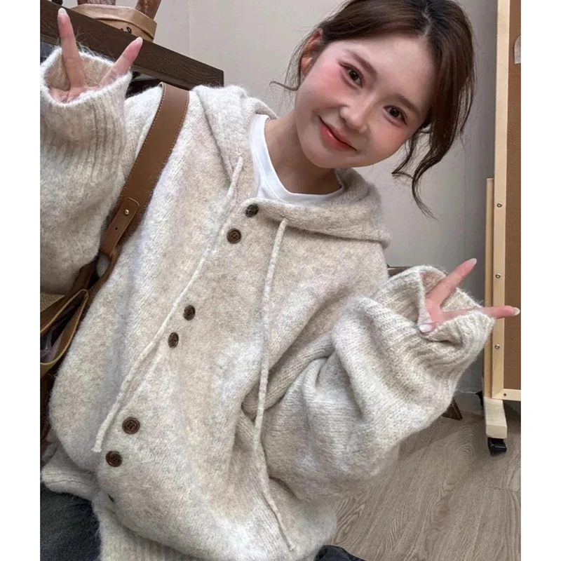 Hooded Sweater Women Fall Winter Loose Lazy Knitted Cardigan Fashion Casual Chic Button Solid Hip Hop Tops Female Jacket
Hooded Sweater Women Fall Winter Loose Lazy Knitted Cardigan Fashion Casual Chic Button Solid Hip Hop Tops Female Jacket
