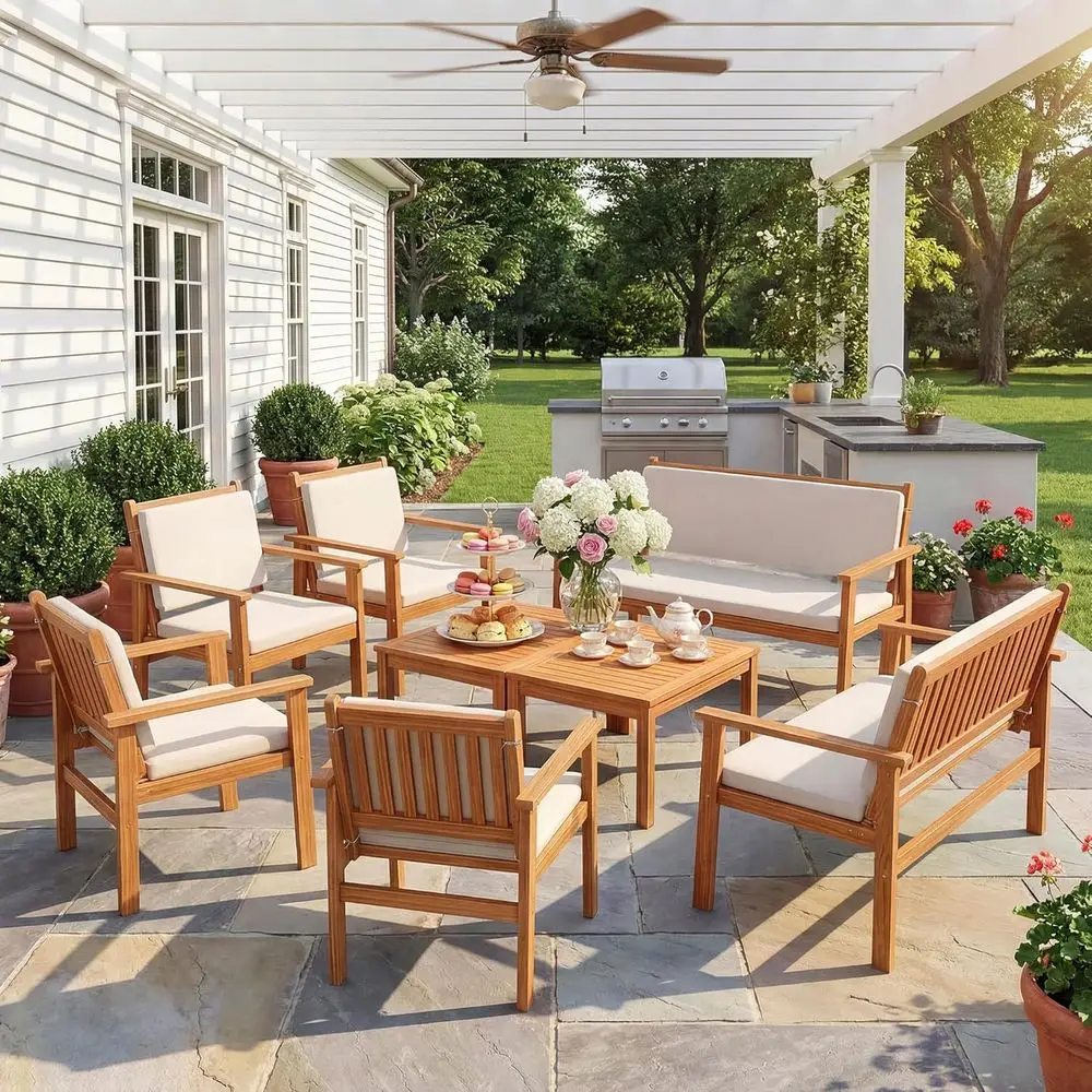 8-Piece Acacia Wood Outdoor Furniture Set with Table and Cushions for Patio, Garden, Deck, Backyard - Natural Style
8-Piece Acacia Wood Outdoor Furniture Set with Table and Cushions for Patio, Garden, Deck, Backyard - Natural Style