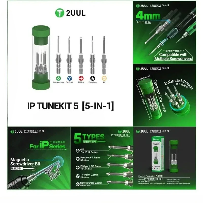 2UUL SD25 IP TUNEKIT 5 Screwdriver Bit for Mobile Phone Maintenance 4IP Pentalobe Philips Tri-point Convex Cross Bits Tips Set
2UUL SD25 IP TUNEKIT 5 Screwdriver Bit for Mobile Phone Maintenance 4IP Pentalobe Philips Tri-point Convex Cross Bits Tips Set