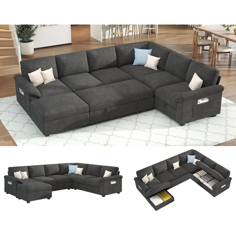 6-Seater Sectional Sleeper Sofa with Pull-Out Bed, Reclining Backrest, and Storage in Chenille Gray
6-Seater Sectional Sleeper Sofa with Pull-Out Bed, Reclining Backrest, and Storage in Chenille Gray