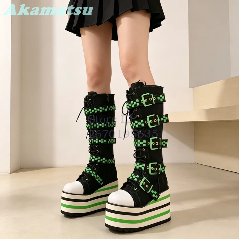 Green Checkered Multi Buckle Boots Round Toe Y2K Punk Lace Up Striped Platform Knee High Boots Canvas Wedge Women Shoes 2026
Green Checkered Multi Buckle Boots Round Toe Y2K Punk Lace Up Striped Platform Knee High Boots Canvas Wedge Women Shoes 2026