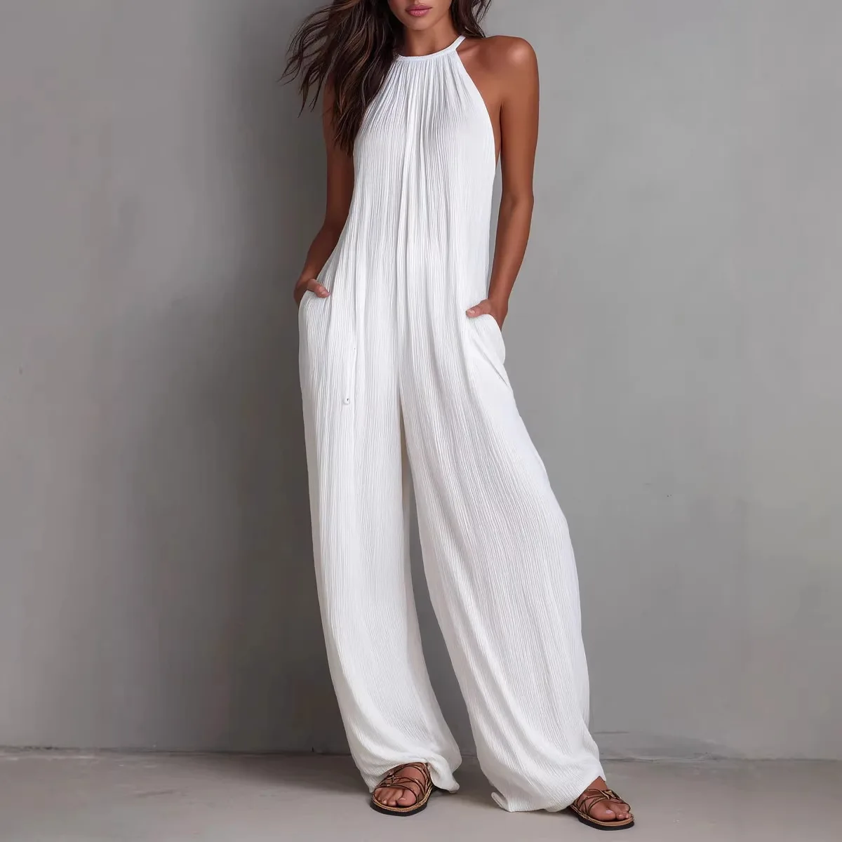 Women's Halter Sleeveless Crinkled Jumpsuit Open Back Wide Leg Pants Solid White Loose Vacation Beach Casual Romper For Ladies
Women's Halter Sleeveless Crinkled Jumpsuit Open Back Wide Leg Pants Solid White Loose Vacation Beach Casual Romper For Ladies