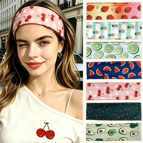 1pc Summer Dopamine Fruit Print Headband Travel Bandana Fresh Sweet Headwear Elastic Sports Headband Fashion Unique Hair Accesso