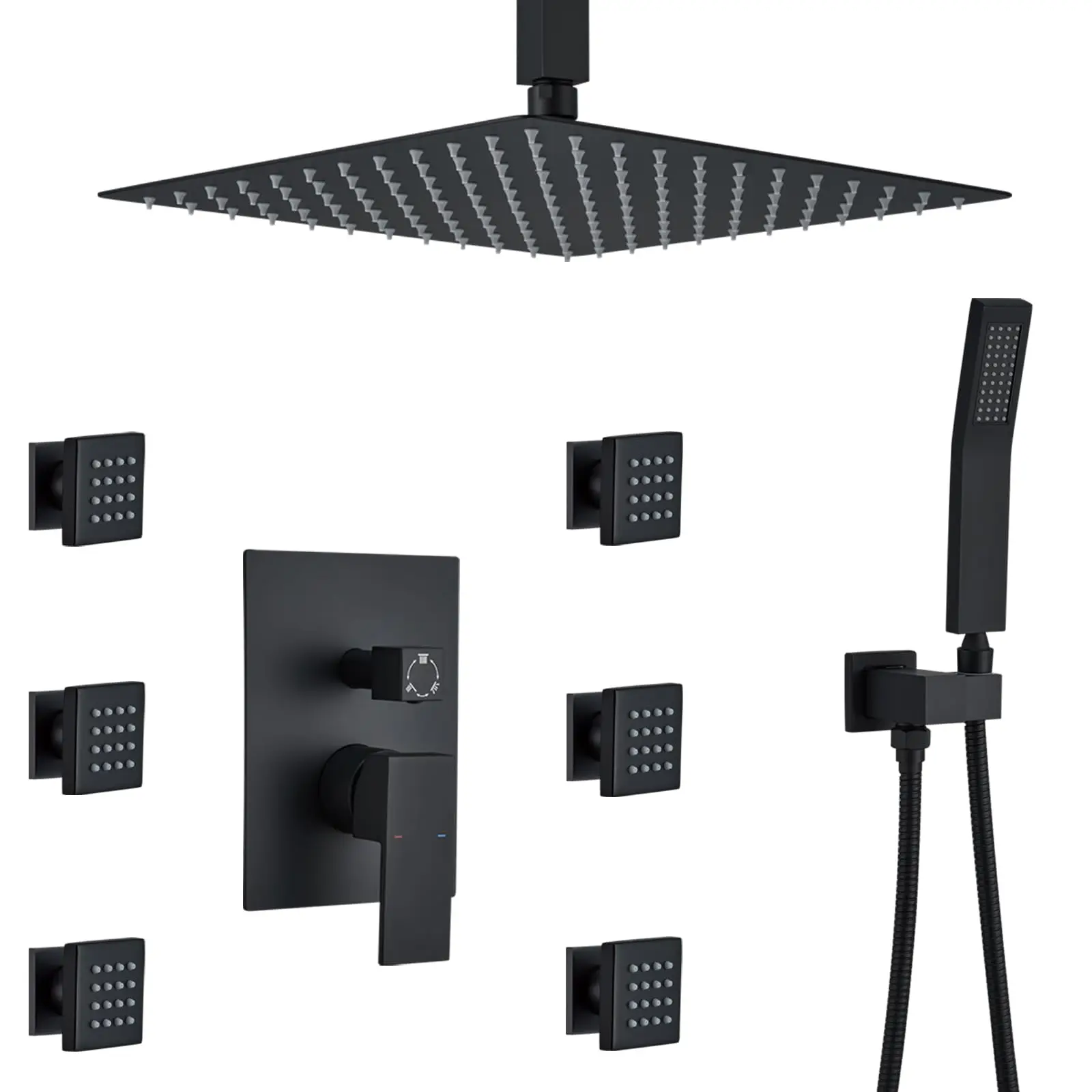 12 Inch Rainfall Shower System With 6 Body Jets And Handheld Shower Head Modern Black Ceiling Mount
12 Inch Rainfall Shower System With 6 Body Jets And Handheld Shower Head Modern Black Ceiling Mount