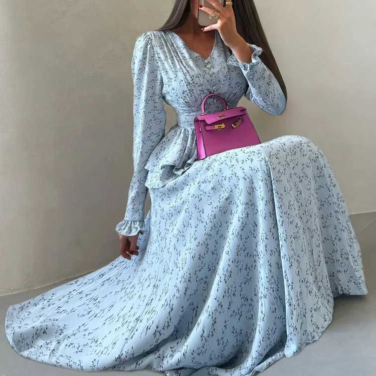 Women's fashionable elegant long floral print dress with V-neck, long sleeves, waist cincher, ruffled hem and A-line silhouette
Women's fashionable elegant long floral print dress with V-neck, long sleeves, waist cincher, ruffled hem and A-line silhouette