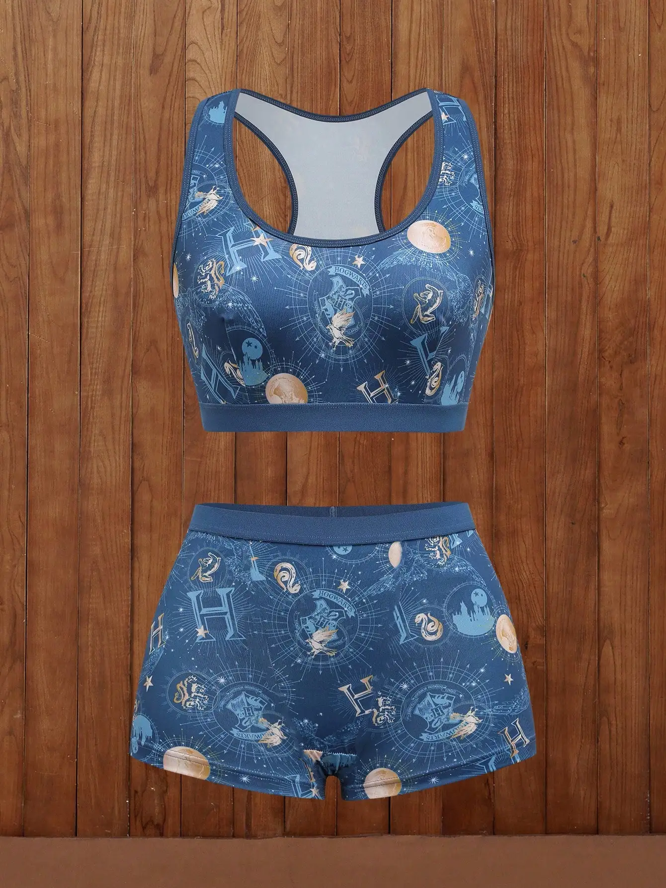 Blue Magical Pattern Sports Bra and Boxer Shorts Set with H-Style Graphic
Blue Magical Pattern Sports Bra and Boxer Shorts Set with H-Style Graphic