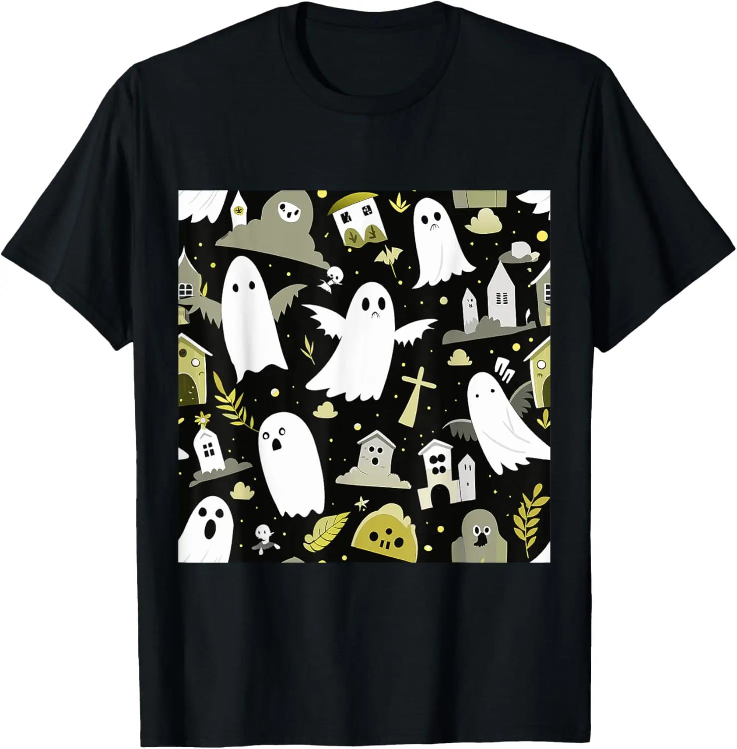 HALLOWEEN GHOST CARTOON PATTERN BLACK WHITE AND GREY T-Shirt 
HALLOWEEN GHOST CARTOON PATTERN BLACK WHITE AND GREY T-Shirt