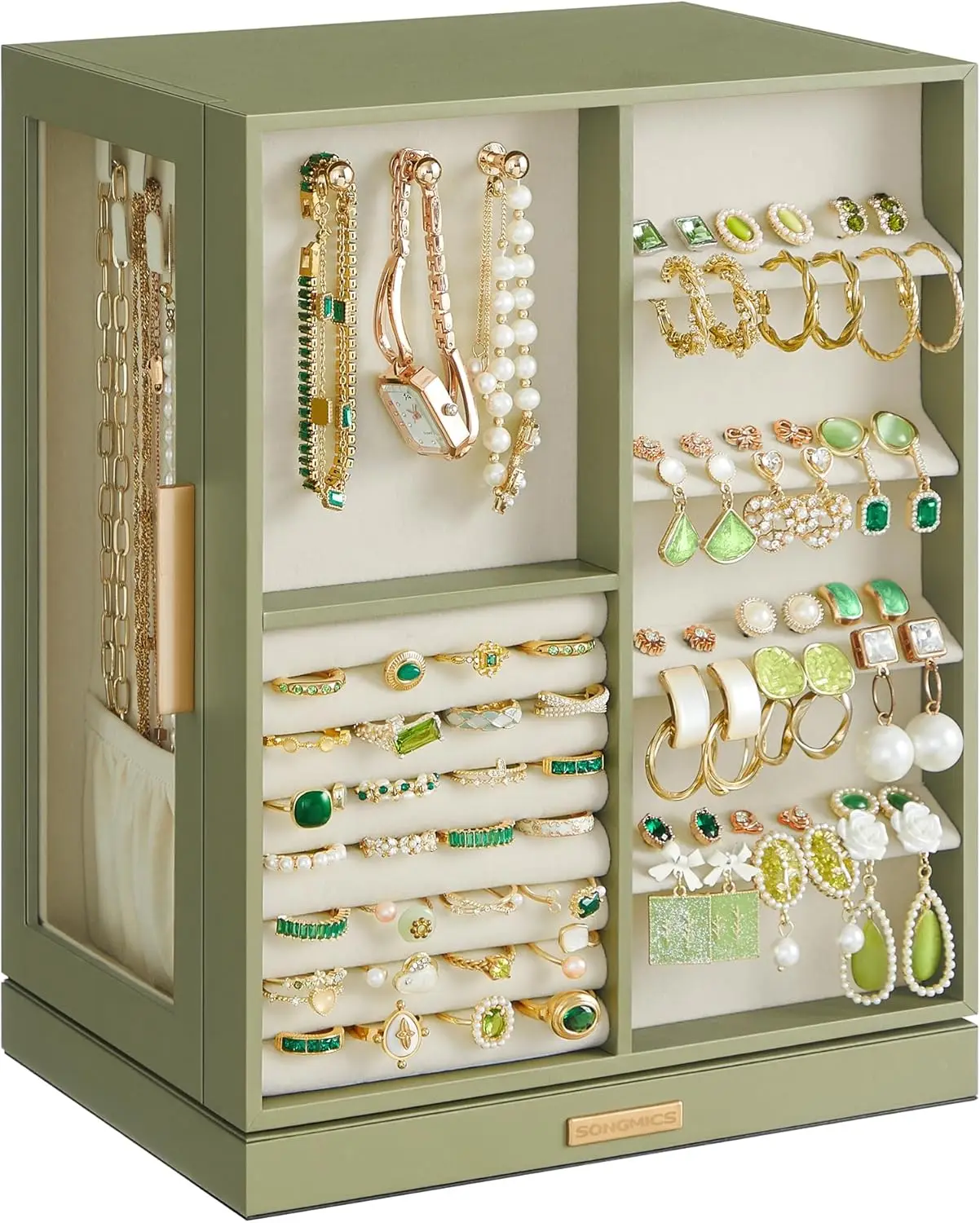 360° Rotating Jewelry Box with 5 Drawers, Glass Window, Spacious Vertical Organizer, Open Design, Great Gift in Laurel Green
360° Rotating Jewelry Box with 5 Drawers, Glass Window, Spacious Vertical Organizer, Open Design, Great Gift in Laurel Green
