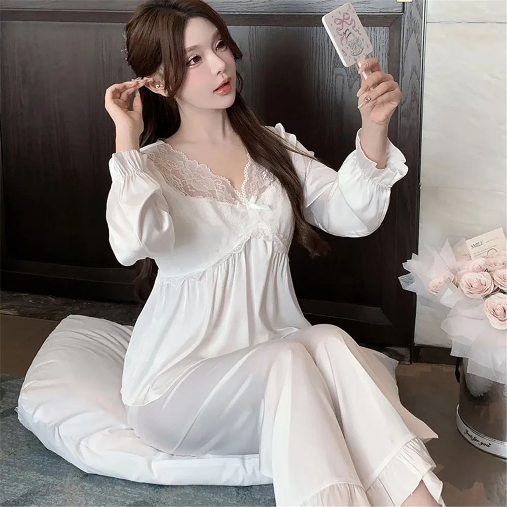 Summer Pajamas Two-Piece Set Women Thin Silk Satin Sleepwear Pullover Trouser Suit Casual Sweet Trouser Suits Pijamas Homewear
Summer Pajamas Two-Piece Set Women Thin Silk Satin Sleepwear Pullover Trouser Suit Casual Sweet Trouser Suits Pijamas Homewear