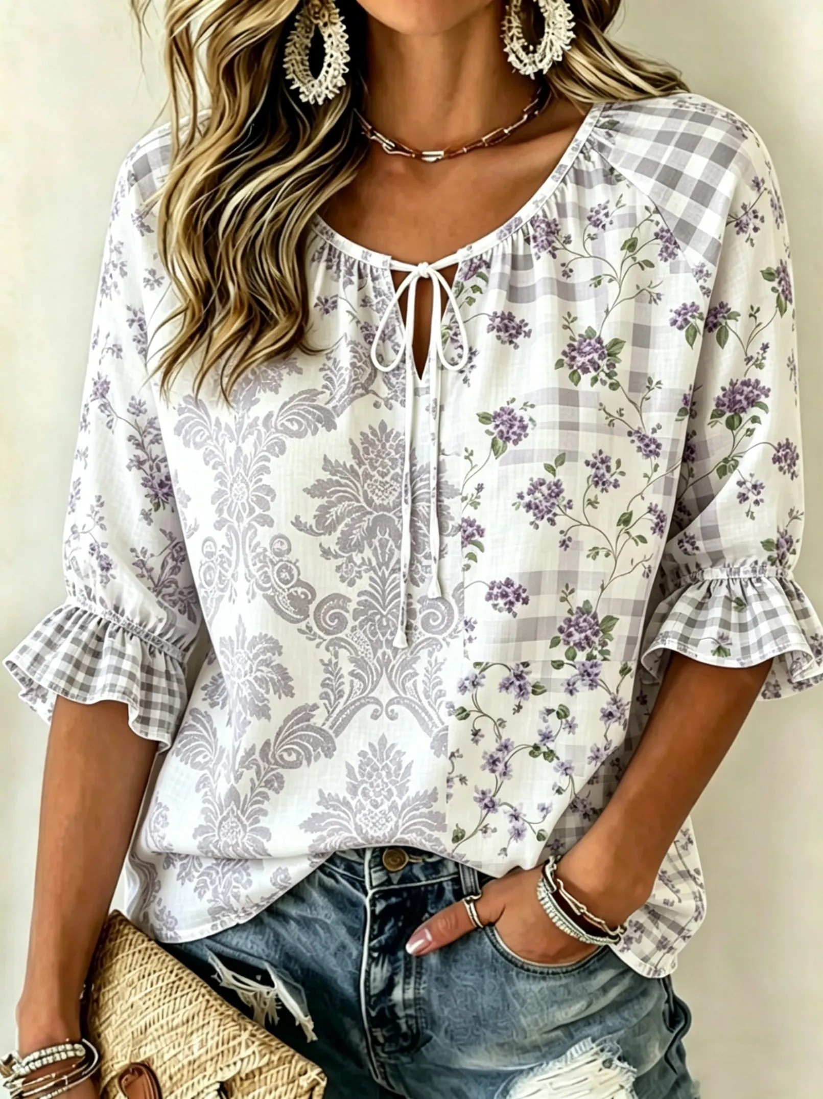 Women's Spring Summer Casual Blouse, Lavender Floral & Gingham Print Tops for Daily Street Holiday Dating & Leisure Outfit
Women's Spring Summer Casual Blouse, Lavender Floral & Gingham Print Tops for Daily Street Holiday Dating & Leisure Outfit