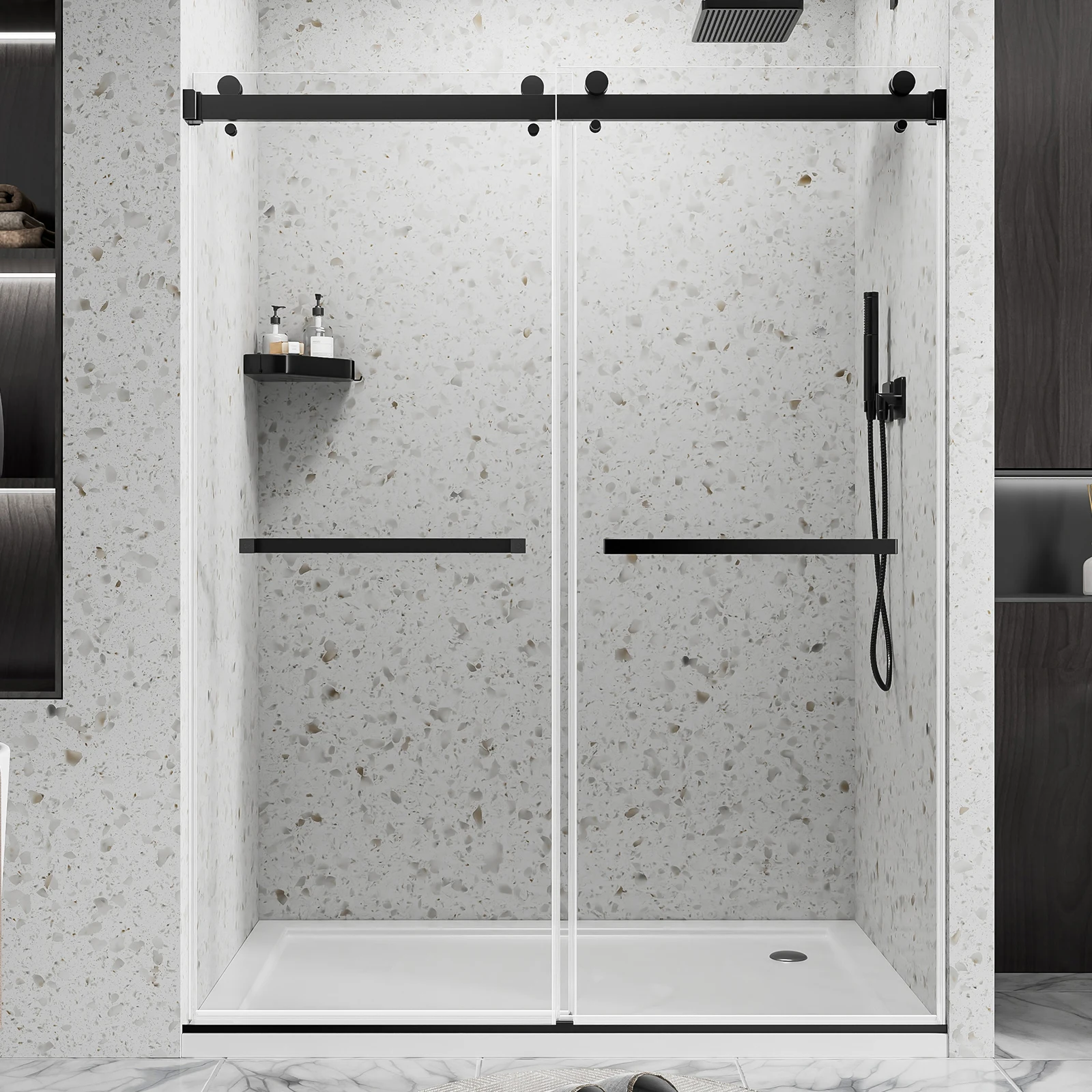 56-60" W x 72" H Matte Black Top Mount Double Bypass Sliding Shower Door, 1/4"(6mm) ANSI SGCC Clear Tempered Glass with Explosion-Proof Safety Film, Anti-Collision Buffer Hardware & 4 Inch Cuttable Adjustable Top Rail
56-60" W x 72" H Matte Black Top Mount Double Bypass Sliding Shower Door, 1/4"(6mm) ANSI SGCC Clear Tempered Glass with Explosion-Proof Safety Film, Anti-Collision Buffer Hardware & 4 Inch Cuttable Adjustable Top Rail