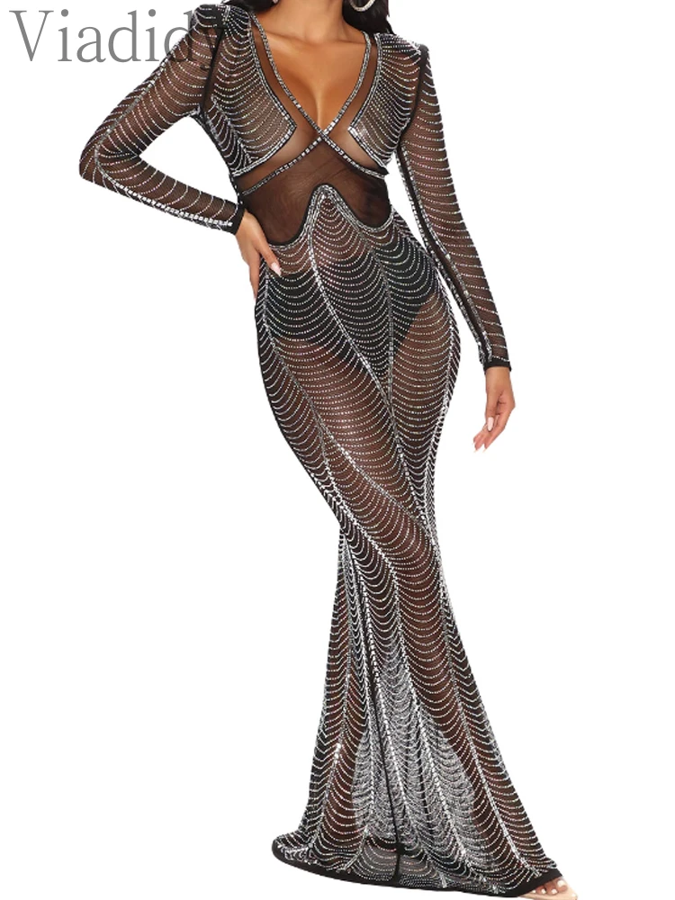 Sexy See Through Sheer Mesh Long Sleeve Hollow Out Rhinestone Decor Floor-length Party Dress
Sexy See Through Sheer Mesh Long Sleeve Hollow Out Rhinestone Decor Floor-length Party Dress