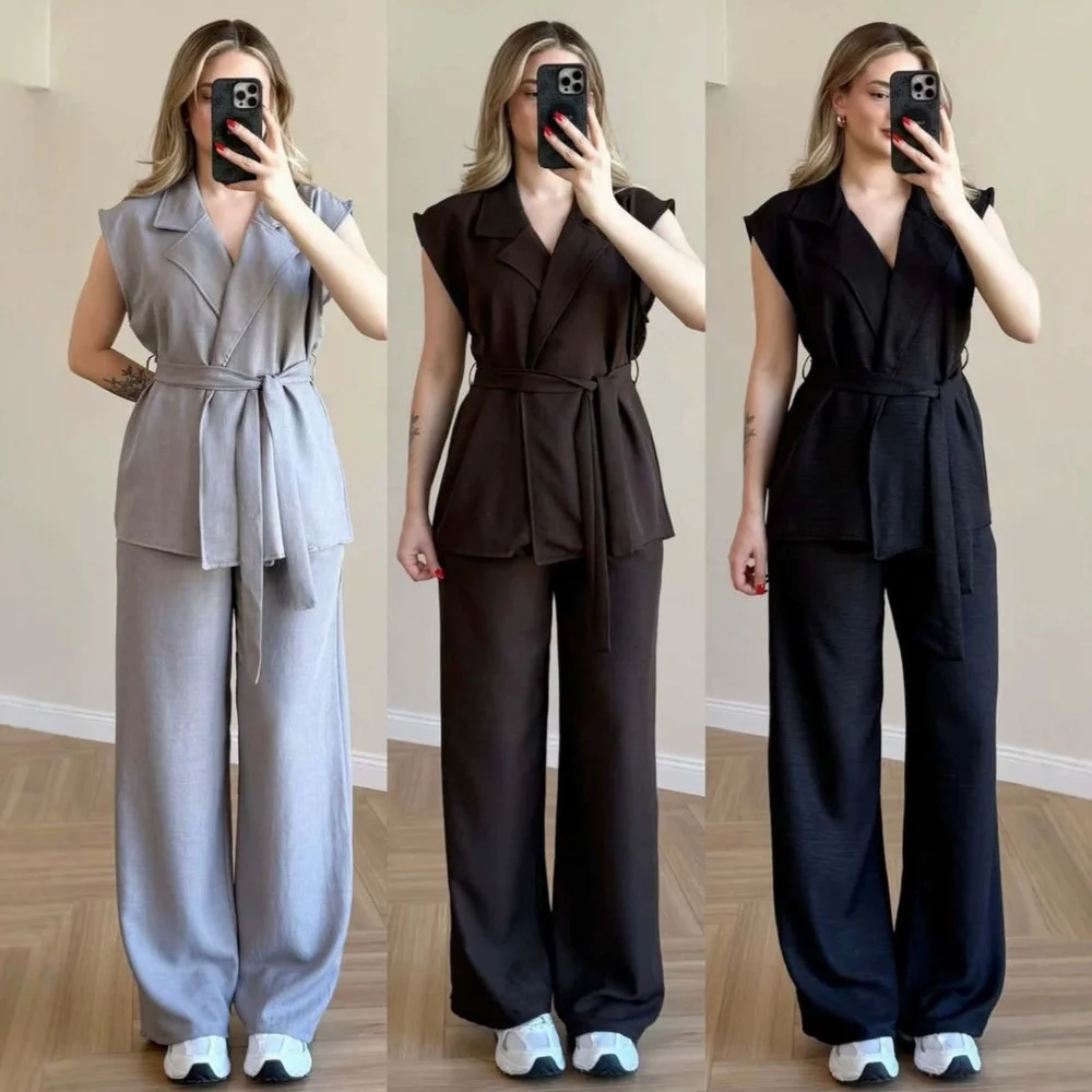 Women V Neck Sleeveless Blazer Jumpsuit Matching Set Summer Spring Casual Wide Leg Pants Two Piece Outfits
Women V Neck Sleeveless Blazer Jumpsuit Matching Set Summer Spring Casual Wide Leg Pants Two Piece Outfits