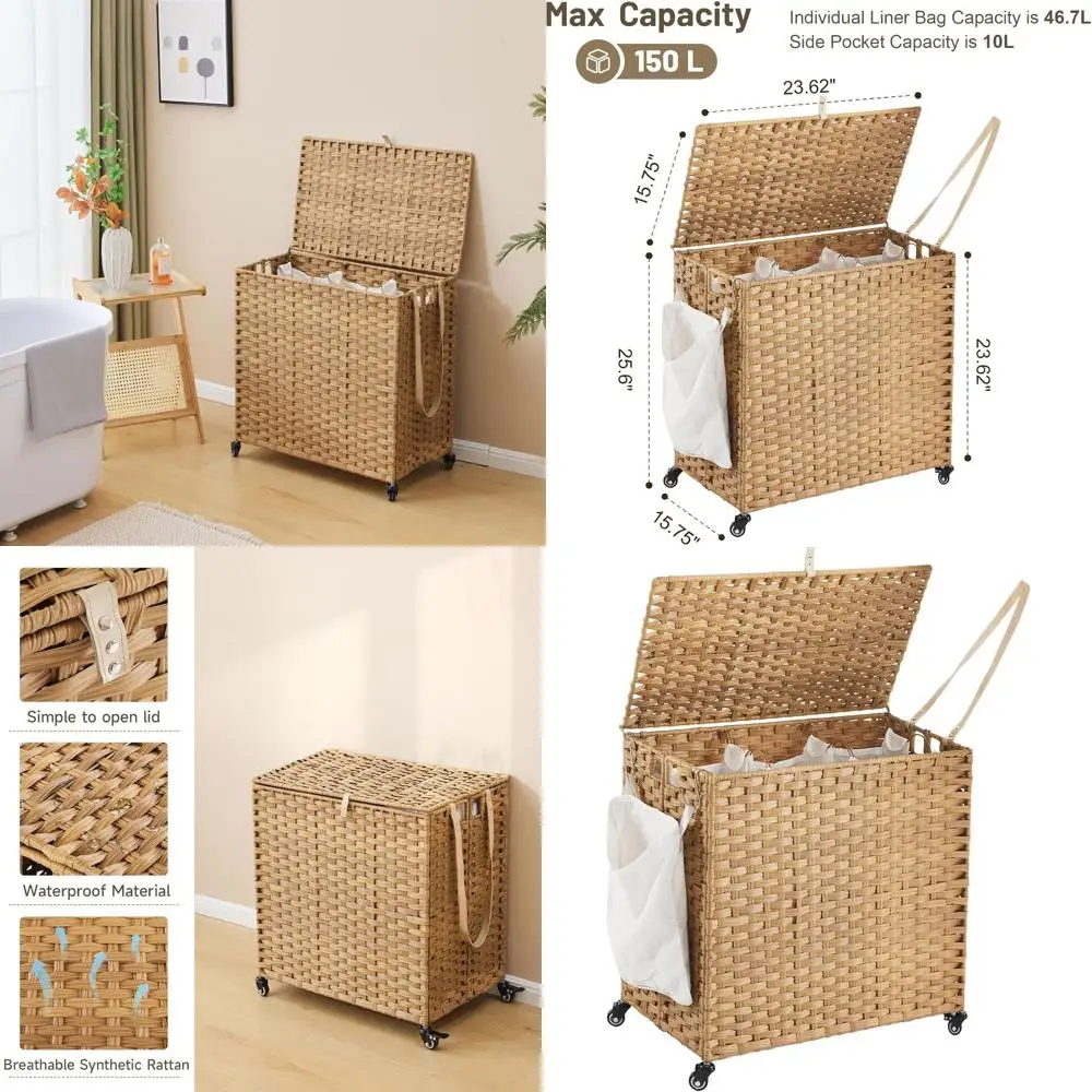 Прокатная 3-секционная корзина для белья объемом 150 л с крышкой, съемными вкладышами и сетчатыми пакетами, натуральная
Прокатная 3-секционная корзина для белья объемом 150 л с крышкой, съемными вкладышами и сетчатыми пакетами, натуральная