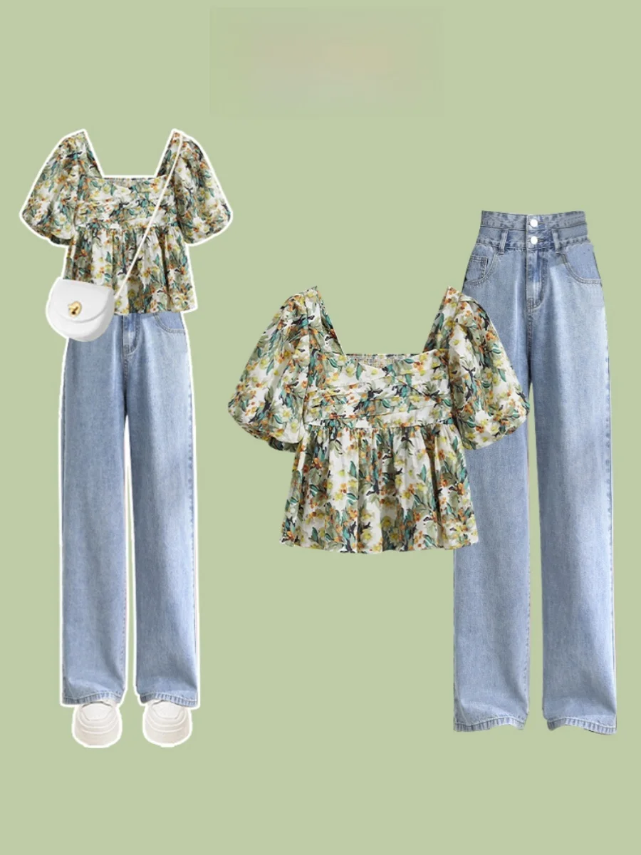 New Summer Women's Floral Print ort Sve irt Square Collar Slim Fit High Waist Sports Denim Pants Two Piece Set
New Summer Women's Floral Print ort Sve irt Square Collar Slim Fit High Waist Sports Denim Pants Two Piece Set