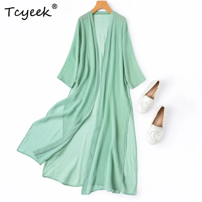 Tcyeek 100% Real Mulberry Silk Woman Tops 2026 Spring Green Mid-length Side Slit Sun-protective Shawls Women Clothing Ropa Mujer
Tcyeek 100% Real Mulberry Silk Woman Tops 2026 Spring Green Mid-length Side Slit Sun-protective Shawls Women Clothing Ropa Mujer