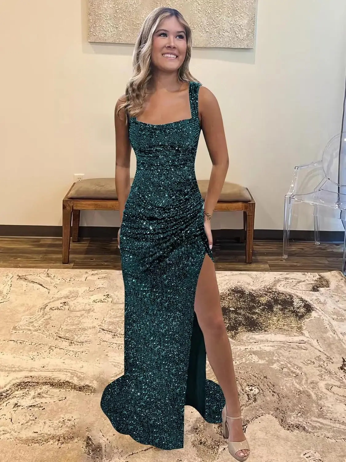 Sequin Prom Dresses for Women Square Neck Sparkly Long Ball Gown with Slit Formal Evening Party Dress
Sequin Prom Dresses for Women Square Neck Sparkly Long Ball Gown with Slit Formal Evening Party Dress