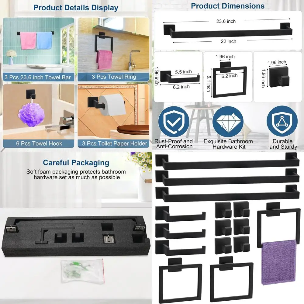 Matte Black 15-Piece Bathroom Hardware Set with Towel Racks, 23.6 Stainless Steel Towel Bar, Toilet Paper Holder, and Accessorie
Matte Black 15-Piece Bathroom Hardware Set with Towel Racks, 23.6 Stainless Steel Towel Bar, Toilet Paper Holder, and Accessorie