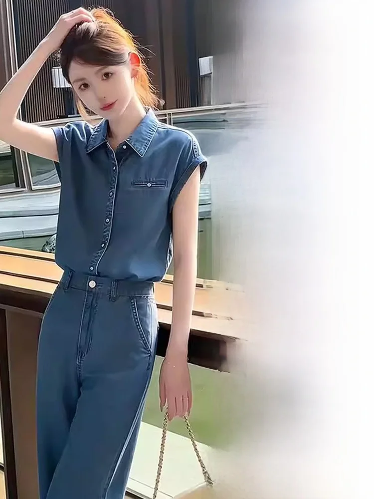Denim Women's Summer New Short Sleeve Shirt Wide Leg Pants Set Casual Style High Waist Long Pants Two-Piece Suit
Denim Women's Summer New Short Sleeve Shirt Wide Leg Pants Set Casual Style High Waist Long Pants Two-Piece Suit