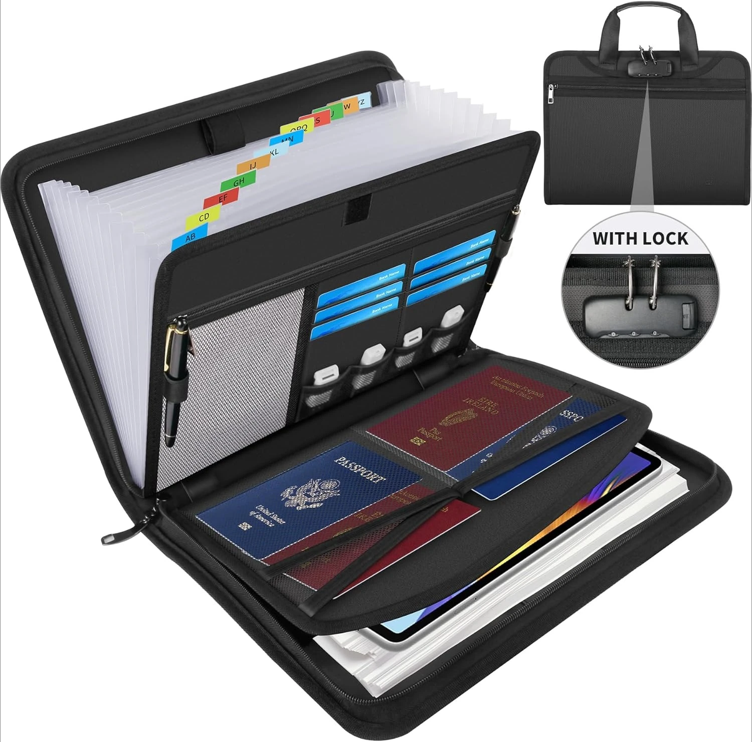 Fireproof accordion-style document organizer with lock, important document holder, handle, 13 expandable pockets.
Fireproof accordion-style document organizer with lock, important document holder, handle, 13 expandable pockets.